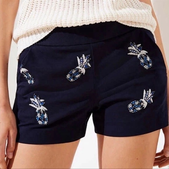 LOFT Sz 00 Navy Bermuda Shorts with Pineapple Embroidery - Picture 1 of 5